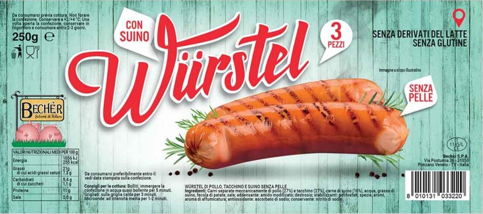 WURSTEL CON SUINO S/PELLE 3pz g250
